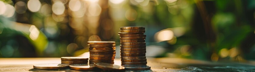 investment concept with coins and retirement savings plan on a wooden table, featuring a variety of coins including gold, brown, and wood coins, as well as a small coin