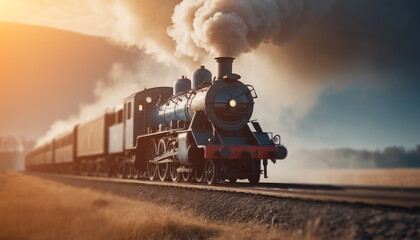 Fototapeta premium An old locomotive moves quickly along the tracks.