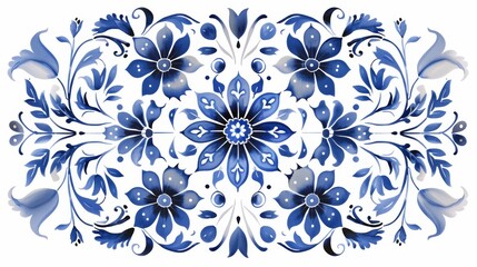 Blue and white tiles with Gzhel style ornaments. Mediterranean porcelain pottery isolated on white background