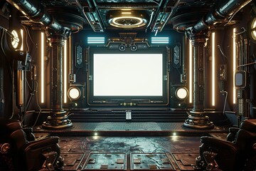 Dark sci-fi cinema screening room with cyberpunk frames and lights