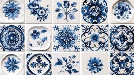 Blue and white tiles with Gzhel style ornaments. Mediterranean porcelain pottery isolated on white background