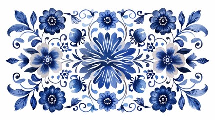 Blue and white tiles with Gzhel style ornaments. Mediterranean porcelain pottery isolated on white background
