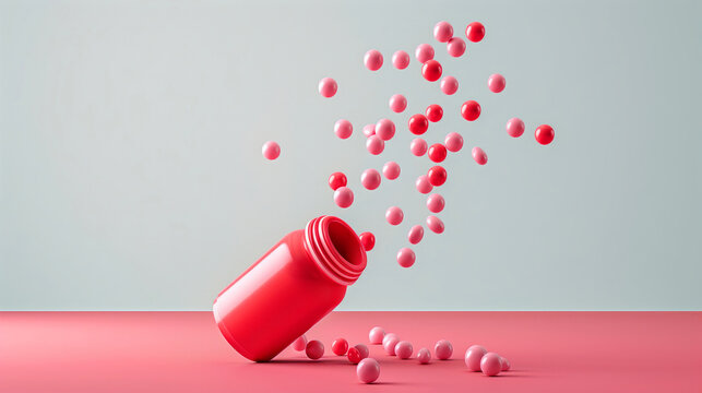 A red pill bottle with pink pills spilling out of it. Dimesional realistic perspective view of mentos chewing gum in the air with chewing gum spilling out of the bottle and some mentos in the air