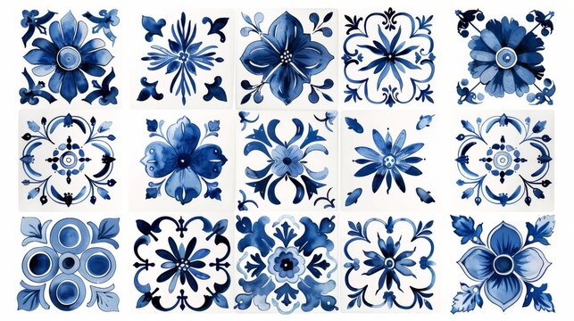 Blue and white tiles with Gzhel style ornaments. Mediterranean porcelain pottery isolated on white background