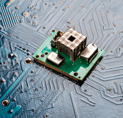 Panoramic View of Technology Chips on a Computer Motherboard: Intricate Printed Circuit Board Design. Crafting with AI Tools