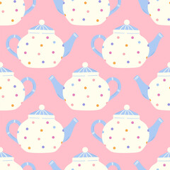 Seamless vector pattern with elegant ceramic teapots. Cute kettles with polka dot print on pink background. Retro funky kitchen decor. Wallpaper, wrapping paper, textile design