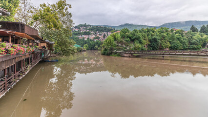 Cloudy autumn morning on Miljacka river timelapse in Sarajevo, Bosnia and Herzegovina