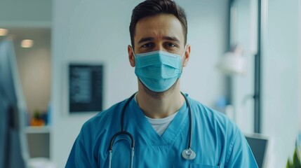 Experienced Male Nurse Wearing Blue Uniform and Face Mask at Doctor's Office. Medical Health Care Professional Battling Stereotypes to Promote Gender Diversity in Nursing. - Powered by Adobe