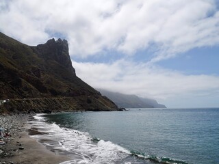 Seaside view to the beach Playa del Roque de las Bodegas and Roque de las Animas mountain from the Roque de las Bodegas, Almáciga, Anaga Rural Park, Santa Cruz de Tenerife, Canary Islands, Spain