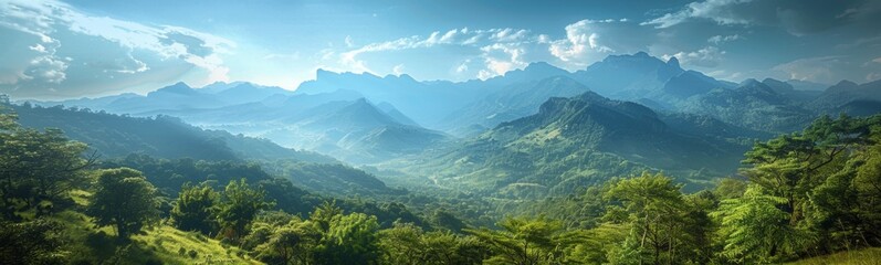 Mountains with a valley in the foreground and a blue sky. Nature background. Banner