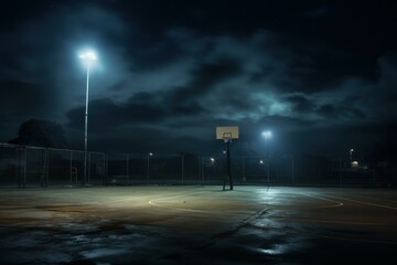 Atmospheric night scene of an empty basketball court under glowing streetlights - Powered by Adobe