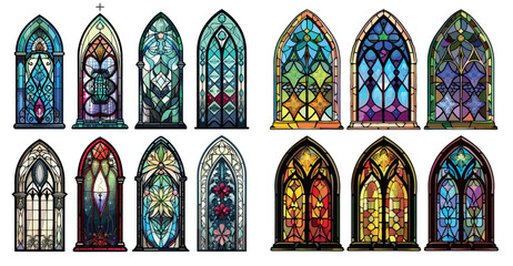 An arch window frame with stained glass. Architecture interior with graphic silhouettes,