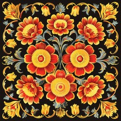 Red and yellow floral motif on fabric in the form of Khokhloma painting on a black background. Pattern for clothing and textile printing. National natural print, Khokhloma.