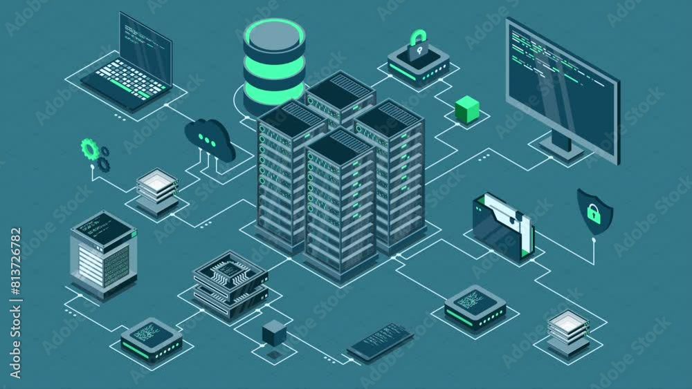 Poster Isometric computer technology animation. Computation of big data center. Cloud computing. Online devices upload and download information. 4K video animated in isometric style