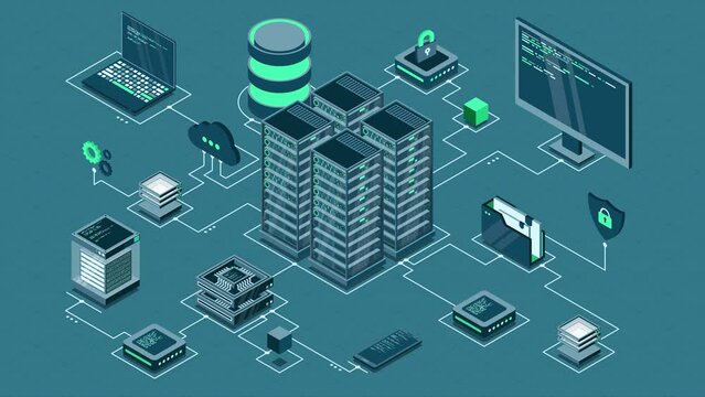 Isometric computer technology animation. Computation of big data center. Cloud computing. Online devices upload and download information. 4K video animated in isometric style
