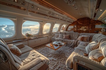Fototapeta premium A luxurious living room with a large window overlooking the ocean