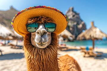 Naklejka premium Stylish llama in sunglasses and hat relaxing on beach vacation concept with room for text