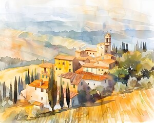 Obraz premium Idyllic Tuscan Landscape in Watercolor