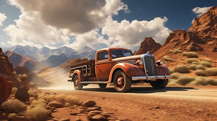 A vintage truck driving through a desert