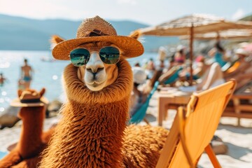 Naklejka premium Llama relaxing on beach stylish sunglasses and hat vacation enjoyment concept with space for text