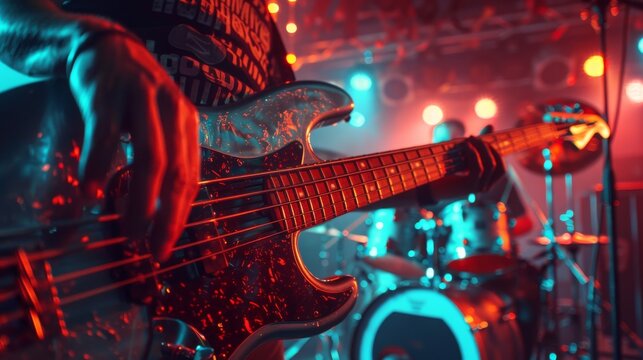 Live Music Party in Front of Bright Colorful Strobing Lights on Stage. Close Up Shot of a Five String Bass Guitar Played by a Musician. Rock Band Playing at a Night Club Concert.