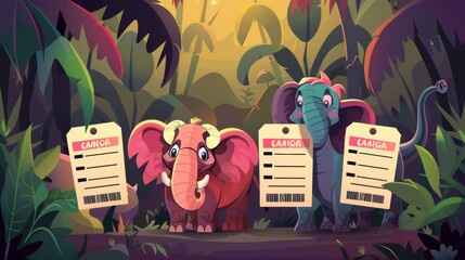 The cartoon modern template shows a zoo ticket with a buffalo and elephant from an outdoor safari park. Modern tickets with a barcode and separation line with a cartoon design.