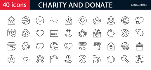 Charity and donate 40 line icons set. Volunteer, donation, monetary assistance, help, care, animals, donor sign and symbol. Isolated on a white background. Pixel perfect. Editable stroke. 64x64.
