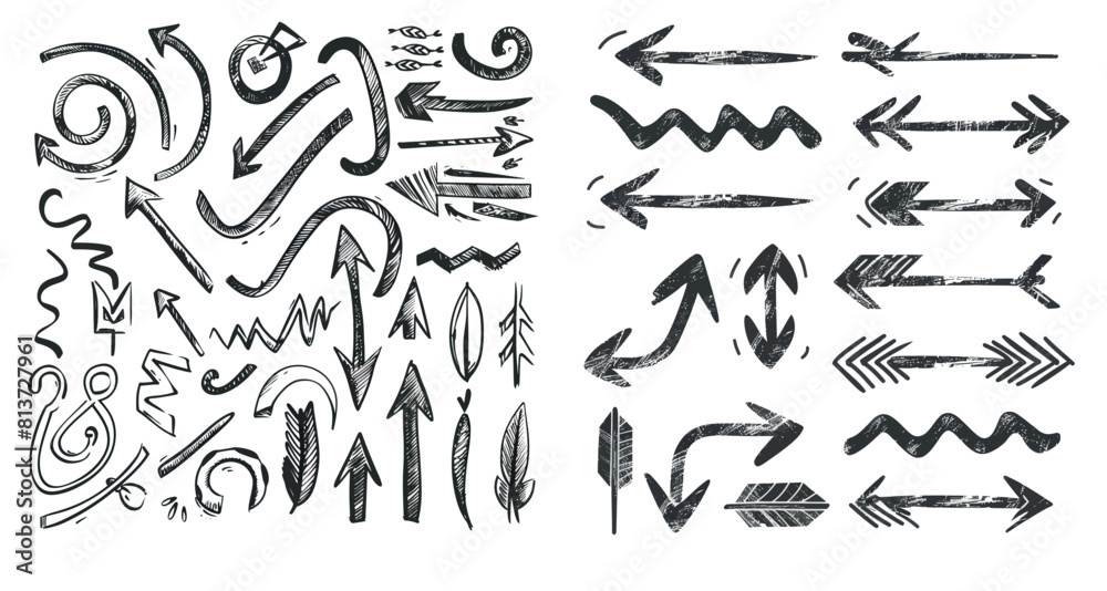 Poster An arrow modern set with curved scribbles, sketch pointer lines, and doodles