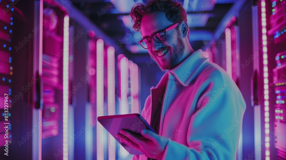 Poster a smiling it specialist uses a tablet computer in a data center. another example of a big server far