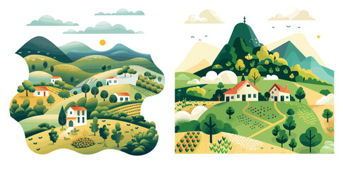 A village landscape. A country scene. Cloudy mountains and fields. A city town in the clouds.