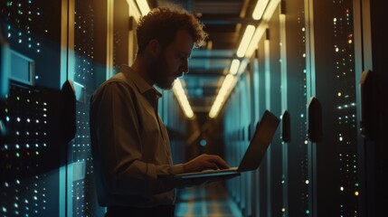 An IT Specialist uses a laptop in a data center. He is situated at a server farm cloud computing facility working on cyber security and network protection. A male maintenance administrator works in a