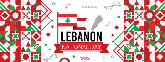 Lebanon national day banner with map, flag colors theme background and geometric abstract retro modern colorfull design