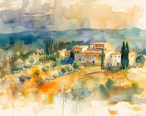 Minimalist Watercolor Landscape of Rustic Tuscan Villas Amid Olive Groves