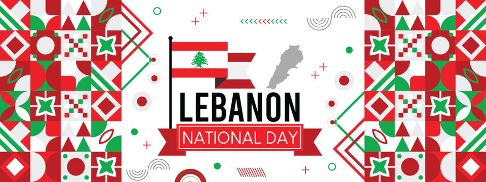Lebanon national day banner with map, flag colors theme background and geometric abstract retro modern colorfull design - Powered by Adobe