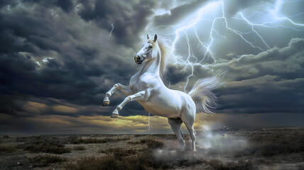 Beautiful white wild horse jumping outdoors in the field during the thunderstorm, dark cloudy sky with gray clouds and lighting thunderbolts in the background, countryside freedom
