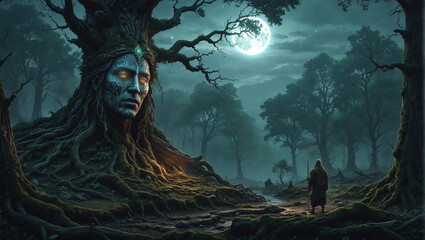 A traveler discovers an elven tree spirit, the tree has a carved face and a glowing crystal, lord of the rings, moonlit forest, digital illustration, epic fantasy scenery, high detail