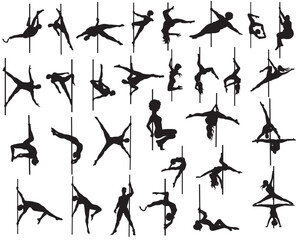 Set of 30 pole dancer silhouettes cutout vector icon sets in various poses isolated on white background. Man, woman, couple, plus size, disability, amputated, prosthetic dancing on pole. 
