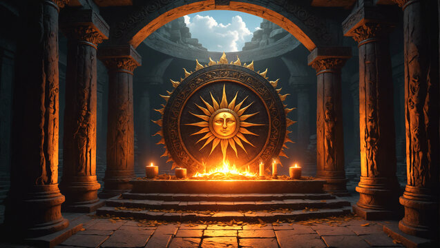 The Altar of Sun, ancient temple on the mountains for praying the Sun gods, sun emblem and candles, Slavic folklore, digital illustration, epic fantasy scenery, high detail
