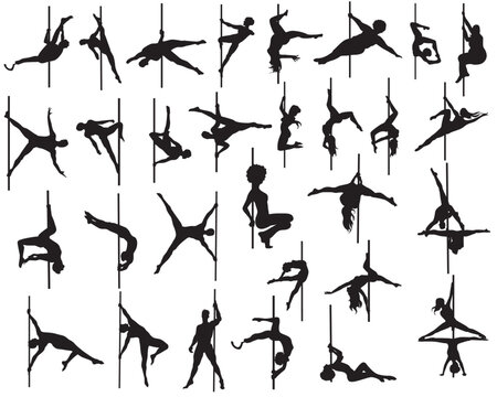 Set of 30 pole dancer silhouettes cutout vector icon sets in various poses isolated on white background. Man, woman, couple, plus size, disability, amputated, prosthetic dancing on pole. 