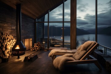 Naklejka premium Warm and inviting cabin living room with modern fireplace, chaise lounge, and scenic lake vista at dusk