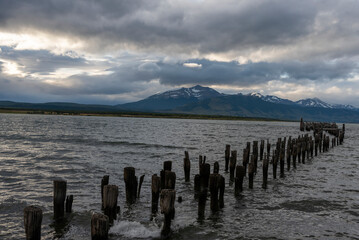 An abandoned pier in the sea near Peurto Natales in Chilean Patagonia - looking north.