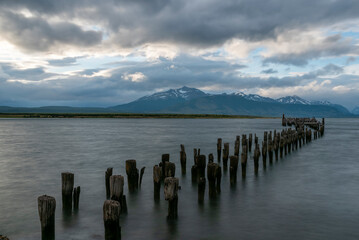 An abandoned pier in the sea near Peurto Natales in Chilean Patagonia - looking north.