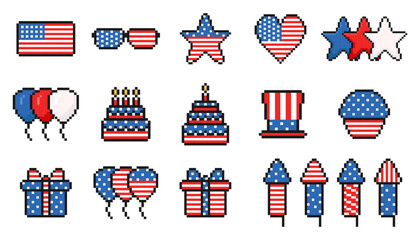 USA independence day pixel icon set, vintage, 8 bit, 80s, 90s games style, 4th of july, patriotic elements, USA flag, sunglasses, star, heart, balloons, cake, cupcake, muffin, hat, gift box, fireworks