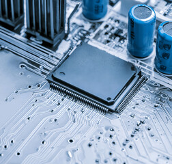 Panoramic View of Technology Chips on a Computer Motherboard: Intricate Printed Circuit Board Design. Crafting with AI Tools