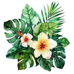 watercolor tropical spring floral green leaves no background