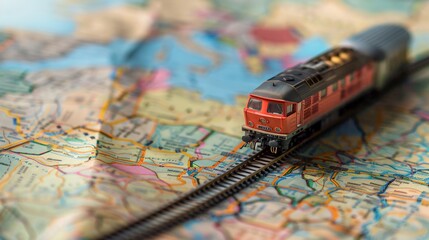 Miniature train on the map of the world. Travel concept.