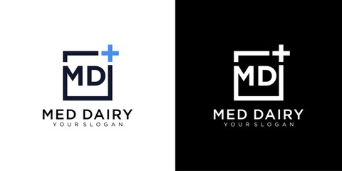 MD letter medicine Logo Design Vector Template. Abstract Alphabet MD with cross logo Illustration