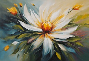 Obraz premium Vibrant white flower painting at the center with a mix of orange and brown hued petals, set against a background of abstract brush strokes in various shades of green and blue, Generative AI.