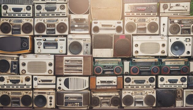 Stack of full of radio boombox of the 80s, retro style