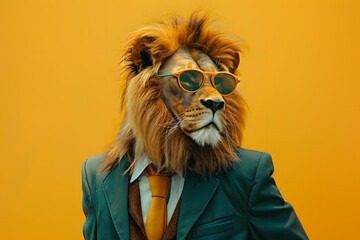 Stylish lion in suit and sunglasses on yellow background